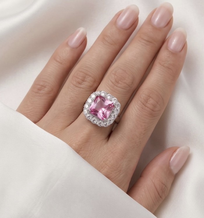 Anastasia princess cut 8.2 carat Pink Sapphire .925 Sterling Silver dipped in Rhodium Handcrafted Statement Ring size 7 1/4 - Pink Sapphire ring worn on hand, princess cut, surrounded by diamonds.