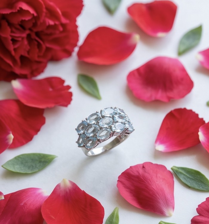Blue Fantasy 10.3 carat Swiss Blue Topaz .925 Sterling Silver dipped in rhodium handcrafted ring size 7 1/4 - Ring with blue topaz on white background, surrounded by rose petals.