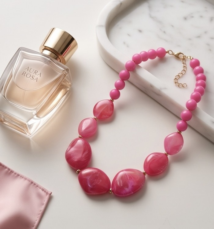Rare and Unusual Hot Pink Botswana Agate golden NECKLACE - photo 2