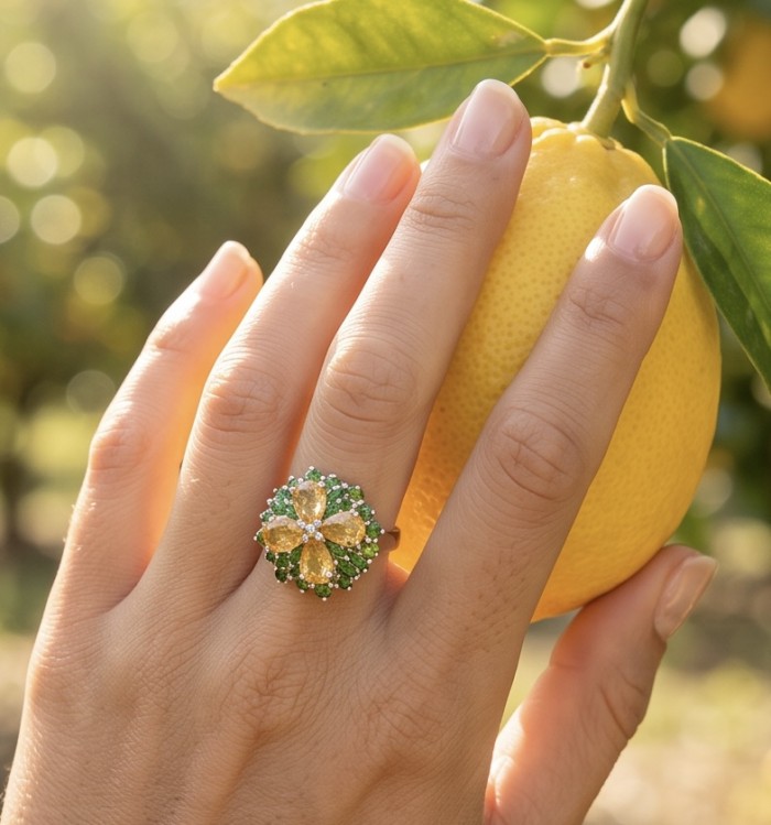 Vivien Luxurious Style - Natural 19. 2 carat Citrine .925 Sterling Silver dipped in rhodium handcrafted Statement ring; s. 8 - Ring worn on hand, large citrine and green stones, lemon in background.