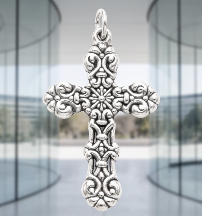 Holy Cross the best quality .925 Sterling Silver Bali made Pendant - Ornate cross pendant, front view, .925 Sterling Silver, Bali craftsmanship.