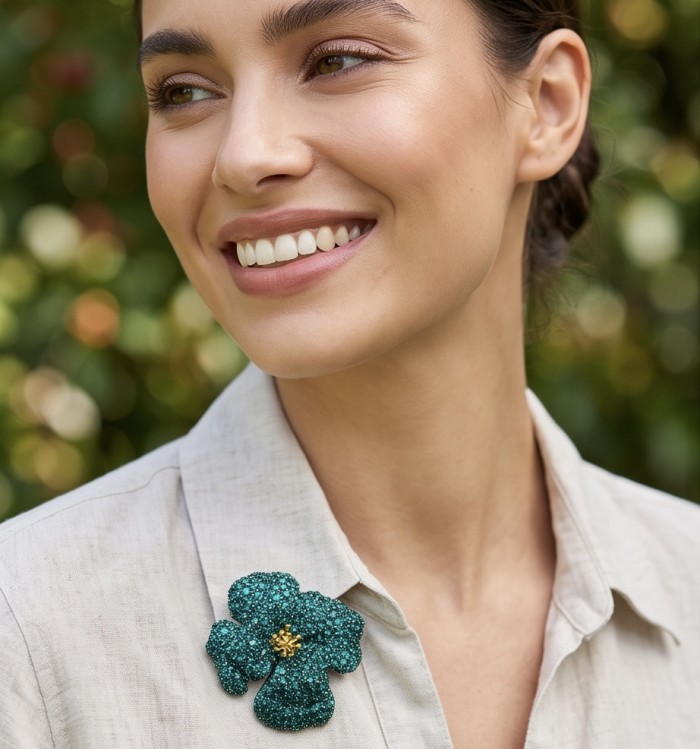 Retro Style - Precious Rose Genuine 22.5 carat Colombian Emerald black rhodium over .925 Sterling Silver handmade Pendant - Brooch - Woman wearing brooch, side view of Retro Style Precious Rose jewelry.