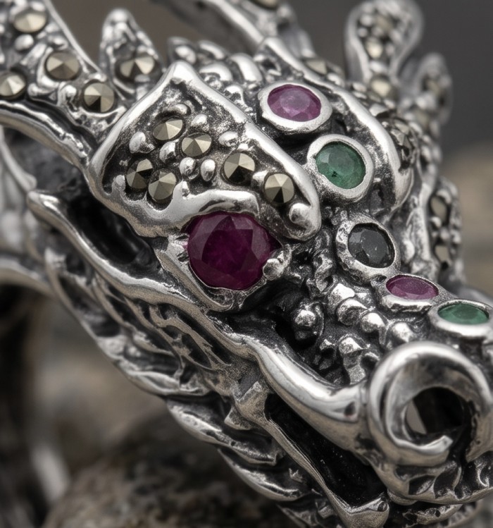 Reclaim your Power Authentic Ruby Marcasite .925 Sterling Silver Handcrafted Large Ring size 8 - Close-up of Reclaim your Power ring with ruby and marcasite stones