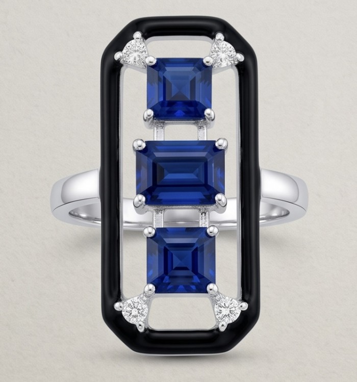 Art Deco 6.2 carat Sapphire black enamel .925 Sterling Silver handcrafted Ring size 6 1/4 - Art Deco sapphire ring, front view with black enamel and diamonds.