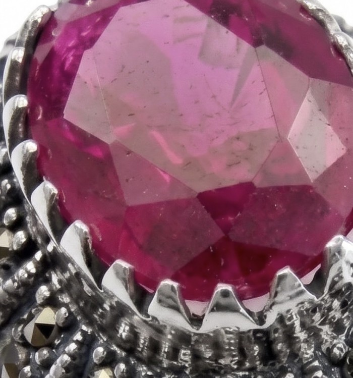 Carmen Natural 10.7 carat Ruby .925 Sterling Silver handmade Statement Ring size 9 - Close-up of Carmen Natural 10.7 carat Ruby in .925 Sterling Silver setting.