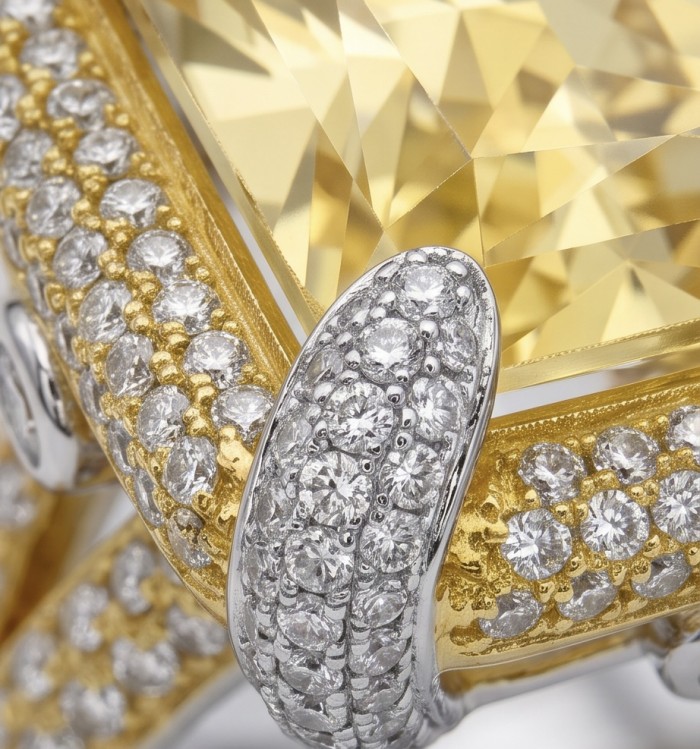 Wearable Art - Solid 27.2 carat Genuine Yellow Sapphire .925 Sterling Silver handcrafted ring size 6 1/2 - Close-up of diamond-encrusted yellow sapphire jewelry detail.
