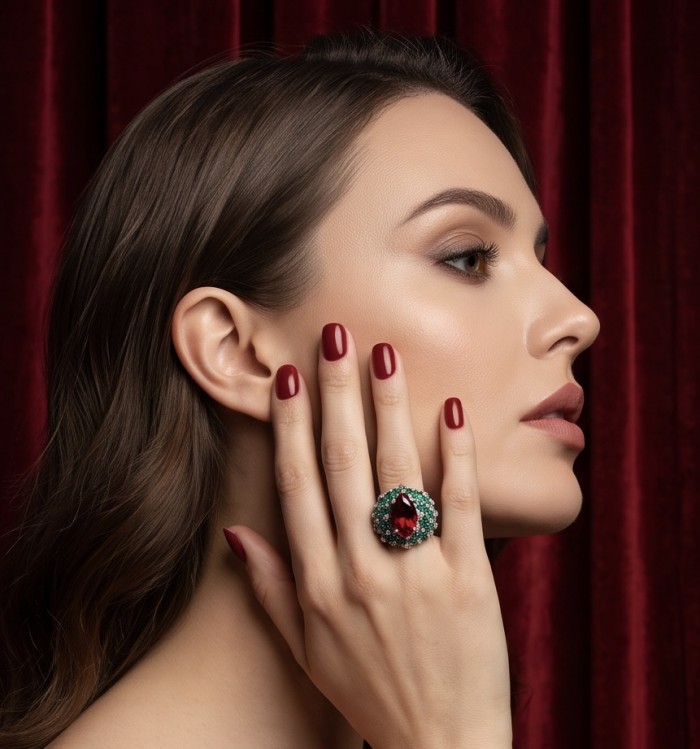 Giovanna 28.6 carat Ruby Emerald .925 Sterling Silver dipped rhodium handmade Huge Statement Ring size 8 - Side view of hand wearing Giovanna 28.6 carat ruby and emerald ring