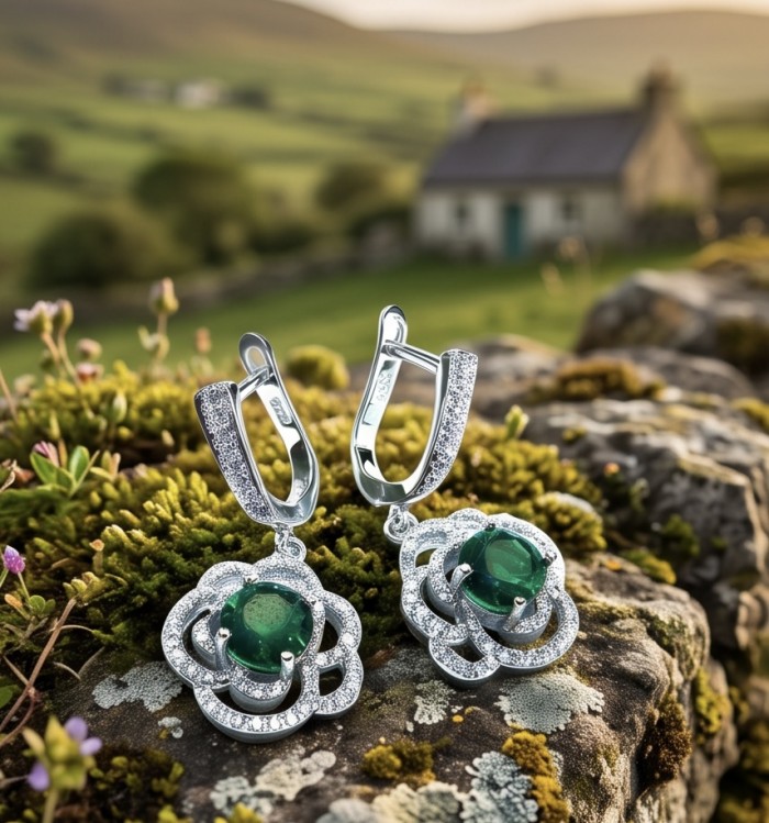 A Heritage in Bloom - Italy made 3.5 carat Chrome Diopside .925 Sterling Silver handcrafted earrings - Close-up of chrome diopside earrings on mossy stone background