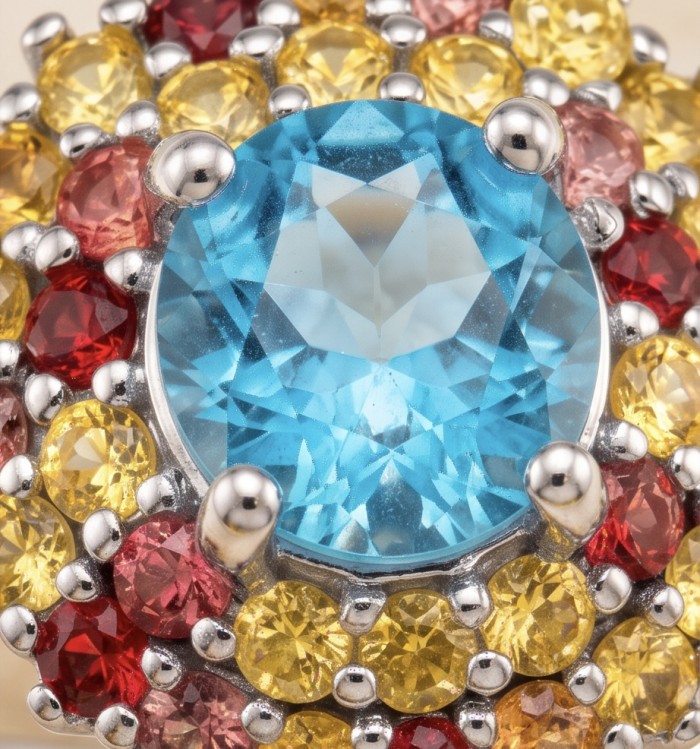Atlantica 2.8 carat Swiss Blue Topaz .925 Sterling Silver dipped in rhodium handcrafted ring size 7 - Close-up of Atlantica 2.8 carat Swiss Blue Topaz in sterling silver.