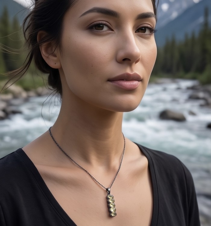 Victoria Authentic 9.4 carat Brazilian Citrine .925 Sterling Silver dipped in black rhodium brilliantly handcrafted Pendant - Woman wearing Victoria Authentic Citrine necklace near a river.