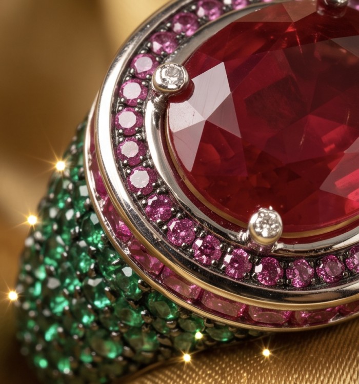 Giovanna Natural 8.6 carat Ruby pave Emerald .925 Sterling Silver dipped rhodium handmade Statement Ring size 7 1/2 - Close-up of ruby and emerald ring with pink and green stones.