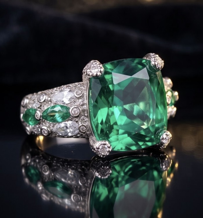Luxurious asscher cut 10.9 carat Emerald .925 Sterling Silver rhodium over handcrafted Ring s. 6 3/4 - Luxurious emerald ring, stone close-up, .925 sterling silver.