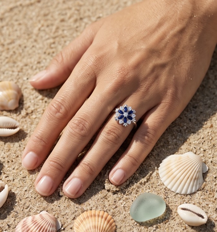Real 3.2 carat Sapphire Italy Made Silver Sterling Silver spinning ring s. 8 1/4 - Sapphire and silver ring worn on hand, surrounded by seashells.