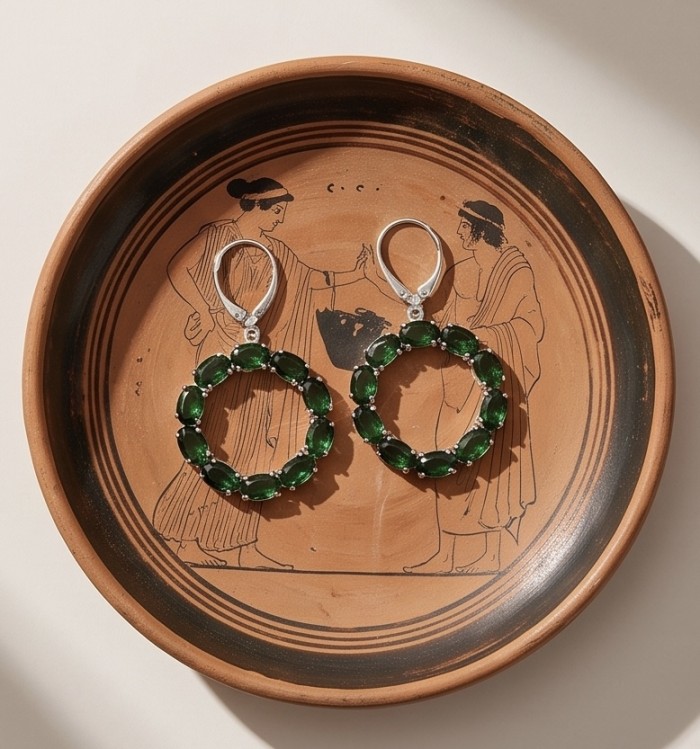 Authentic 22.9 carat CHROME DIOPSIDE from Siberia .925 Sterling Silver handmade Large Statement earrings - Earrings with green stones on an ancient Greek-style pottery plate, top view.