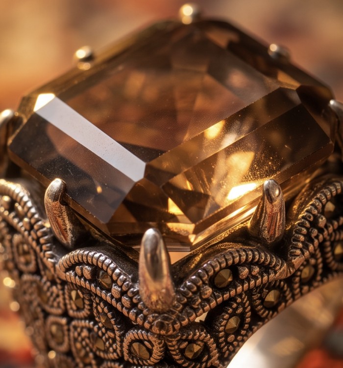 Serenity 19.5 carat Champagne Smoky Topaz rhodium over .925 Sterling Silver HUGE Ring size 8 - Close-up of Serenity 19.5 carat Champagne Smoky Topaz ring detail.