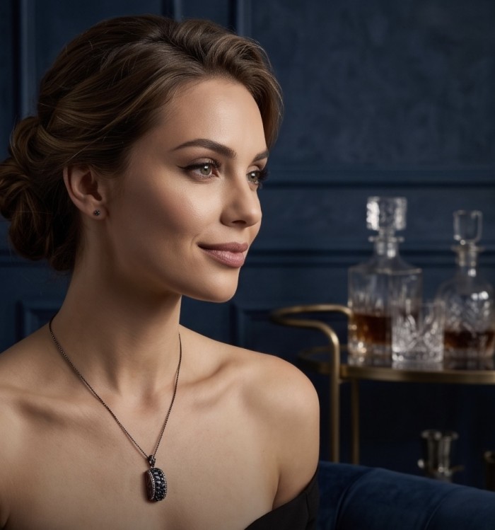Vintage Beauty 9.7 carat Mozambique Sapphire Black Rhodium over .925 Sterling Silver handcrafted pendant - Side view of necklace worn, Vintage Beauty 9.7 carat Sapphire.