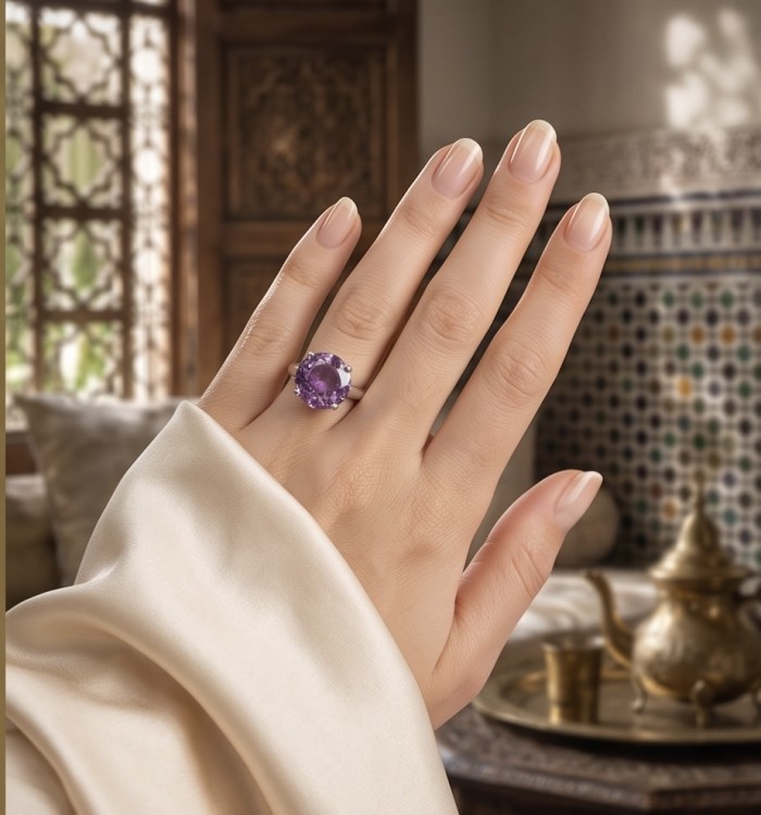 Born to Glam 10.2 carat natural Amethyst .925 Sterling Silver dipped in rhodium Perfectly handcrafted Ring s. 6 - Amethyst ring on hand, showcasing stone and setting in an elegant room.