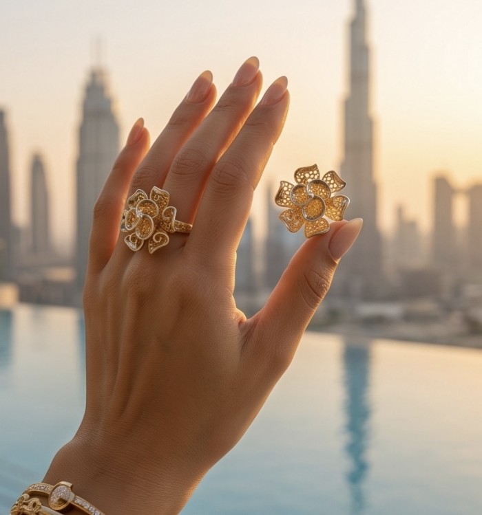 GOLDEN ROSE - Dubai Style - .925 Sterling Silver dipped in 22K Gold handmade Large ring size 6 - Golden rose rings on hand with Dubai skyline in background