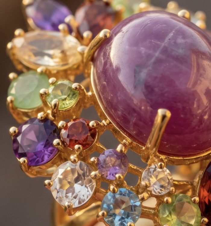 Giovanna Natural 28.6 carat Ruby .925 Sterling Silver dipped in 18K Gold handcrafted Statement Ring size 7 - Close-up of multicolored gemstone ring with a large ruby centerpiece.