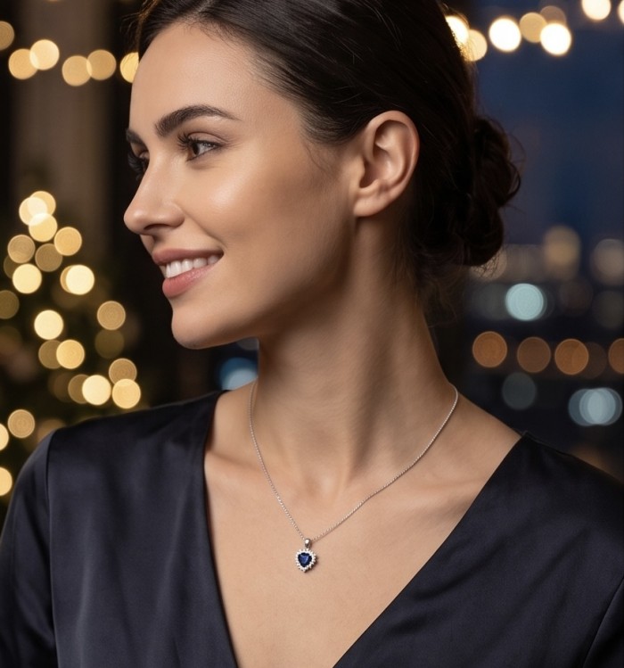 Vintage Beauty 0.7 carat Sapphire Rhodium over .925 Sterling Silver handcrafted pendant - Side view of woman wearing Vintage Beauty 0.7 ct Sapphire necklace.