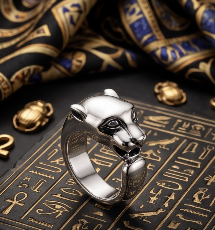 Gephard authentic .925 Sterling Silver handmade Statement Ring s. 8 - Gephard Sterling Silver ring side view with panther design on hieroglyphs.