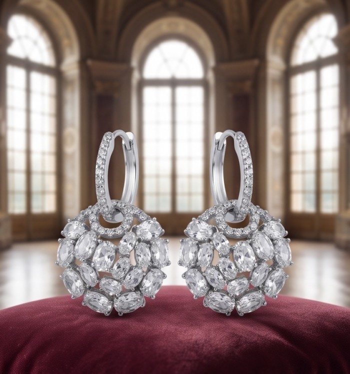 Elizabeth Natural 12.2 carat Moissanite .925 Sterling Silver handcrafted earrings - Front view of Elizabeth Moissanite earrings on red velvet background