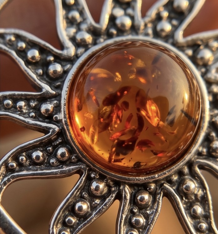 Bright Sun Baltic Polish Amber 14k Gold over .925 Sterling Silver handcrafted Pendant - Stone close-up of Bright Sun Baltic Polish Amber in ornate setting