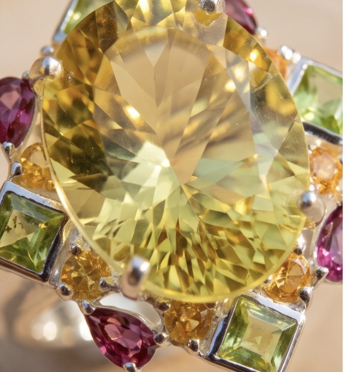 Costa del Sol 22.8 carat Genuine Lemon Quartz rhodium over .925 Sterling Silver handcrafted ring size 8 - Close-up of Costa del Sol 22.8 carat Lemon Quartz ring with gemstones
