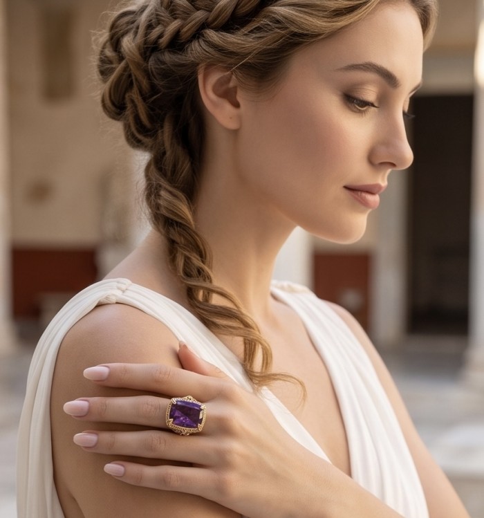 The Spirit of Athens 27.5 CARAT Amethyst Enamel .925 Sterling Silver dipped in 18K Gold Handcrafted Ring size 7 - Side view of woman wearing The Spirit of Athens Amethyst ring.