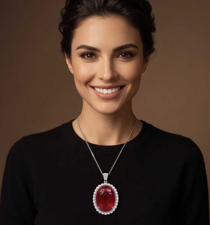Rare finding! Deluxe 145.2 carat authentic Kashmir Star Ruby rhodium over .925 Sterling Silver handmade Statement Pendant - Woman wearing deluxe 145.2 carat Kashmir Ruby necklace, front view.