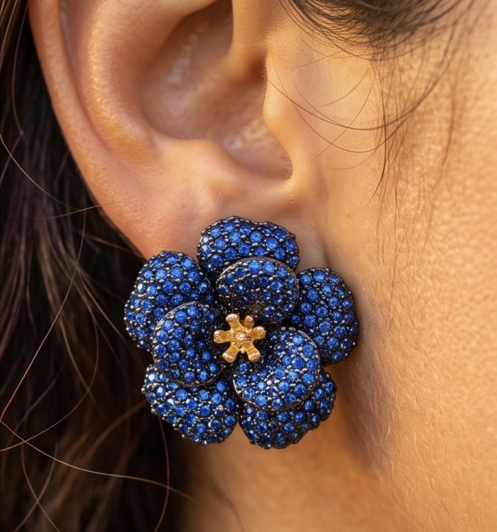 Amazonia - 8.8 carat pave Colombian Sapphire .925 Sterling Silver handmade Statement Earrings - Close-up of Amazonia earring with Colombian Sapphire, .925 sterling worn on ear