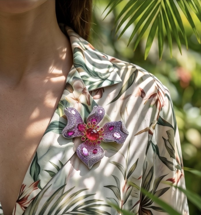 Exotic Flower - RARE FINDING - 7.7 carat Authentic Ruby 22k Gold over .925 Sterling Silver handcrafted Pendant Brooch - Close-up of exotic flower brooch worn, featuring 7.7 ct ruby in sunlight.