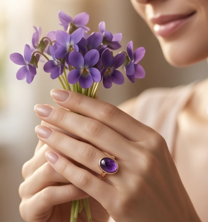 Top quality 24.2 carat Amethyst .925 Sterling Silver dipped in 18K Gold Handcrafted Ring size 7 - Amethyst ring worn on hand with purple flowers in hand.