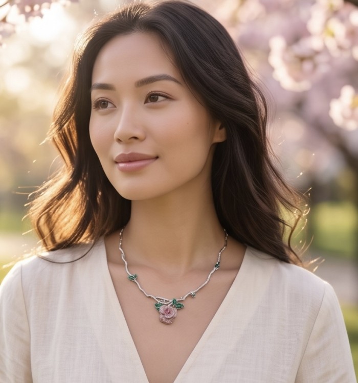 Enchanted Rose 5.5 carat pave Pink Sapphire rhodium over .925 Sterling Silver handcrafted necklace - Woman wearing Enchanted Rose necklace in outdoor setting with blossoms.