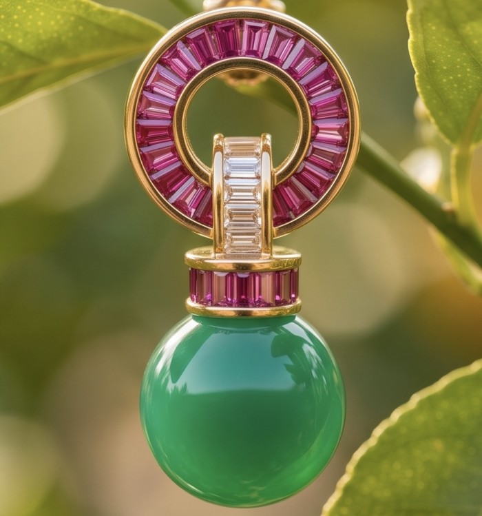 Art Deco Unique 10.8 carat genuine Jade 1.2 carat Ruby 18K Gold over over .925 Sterling Silver handcrafted earrings - Close-up of Art Deco pendant with jade, rubies, and 18K gold detailing.