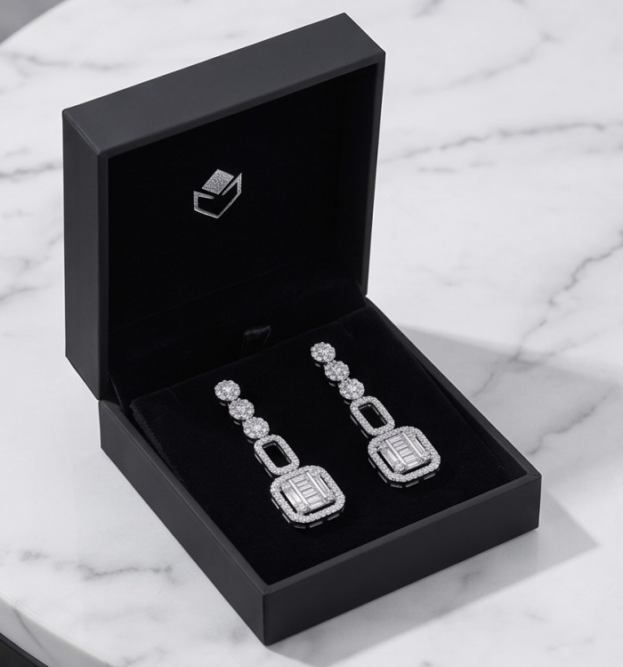 Art Deco - Luxurious natural 12.5 carat White Topaz .925 Sterling Silver Perfectly handcrafted Earrings - Art Deco white topaz earrings in a black box, top view.