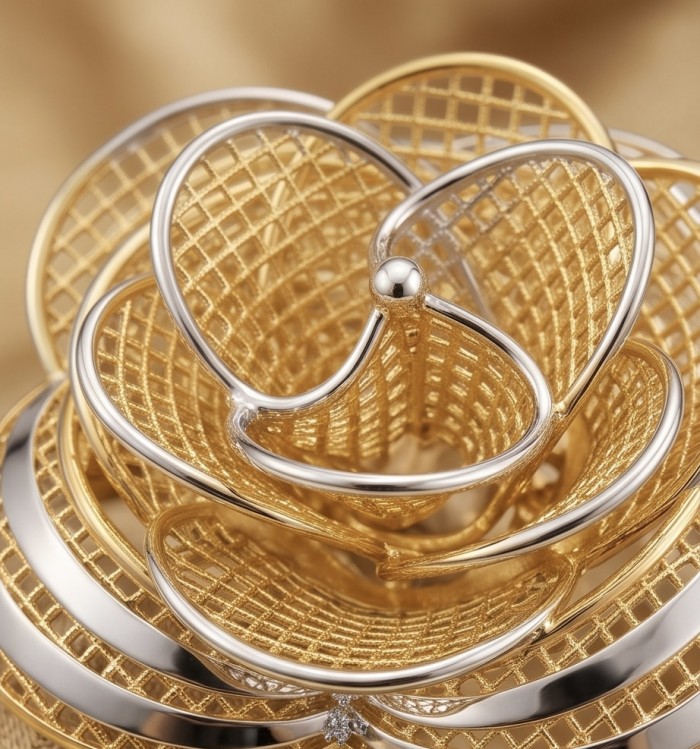 GOLDEN ROSE - Dubai Style - .925 Sterling Silver dipped in 22K Gold handmade Large ring size 8 - Close-up of GOLDEN ROSE jewelry, mesh detail in gold and silver.