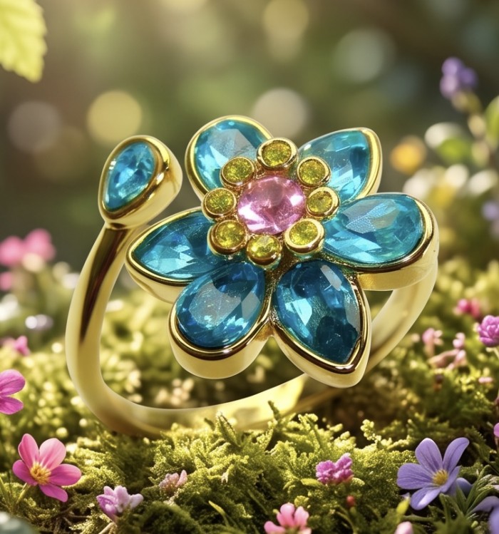 Summer flower 6.5 carat genuine Blue Topaz 14K Gold over .925 Sterling Silver handmade Statement Ring size 10 - Close-up of a floral ring with blue topaz and pink gem in gold setting.
