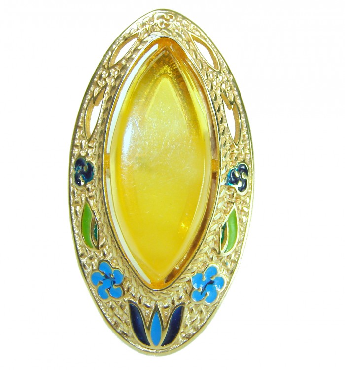 Tradition 12.2 carat Amber enamel 14K Gold over .925 Sterling Silver Handcrafted Large Ring size 6 adjustable - Top view of 12.2 carat amber enamel in gold over sterling silver brooch.