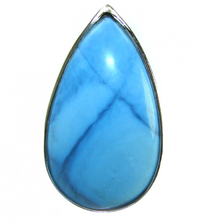 Rare and Spectacular 48.9 carat authentic Andean (Peruvian) Blue Opal .925 Sterling Silver Handcrafted Ring size 7 - Close-up of blue Andean gemstone pendant, teardrop shape.