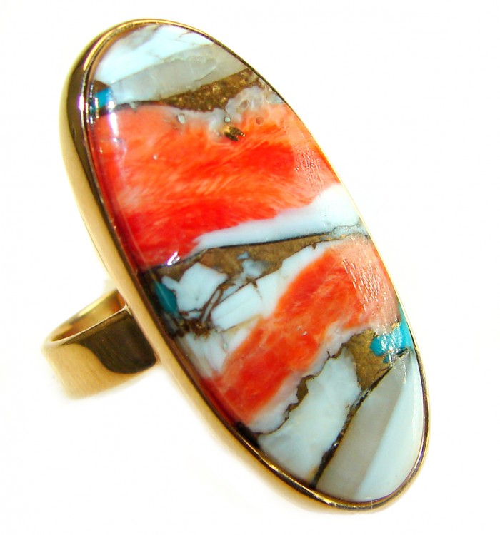 Rare 29.5 carat Oyster Turquoise 18K Gold over .925 Sterling Silver handcrafted Large ring; s. 6 adjustable - Close-up of Oyster Turquoise ring, 18K gold over .925 Sterling.