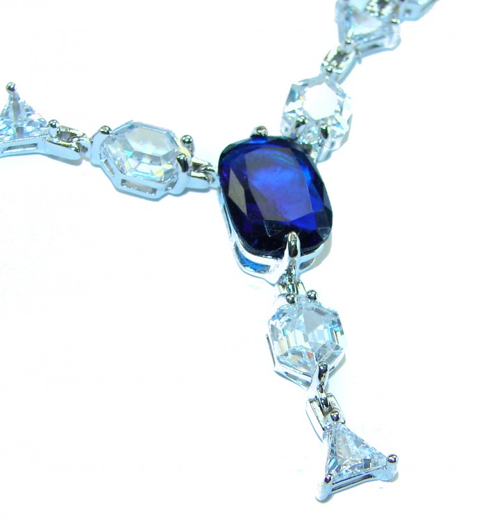 Blue Royalty 14.2 carat Sapphire .925 Sterling Silver .925 Sterling Silver Statement Necklace - Close-up of 14.2 carat sapphire with sterling silver and clear stones.