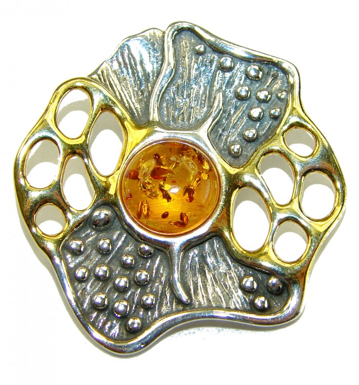 Prehistoric Authentic Baltic Amber 2 tones .925 Sterling Silver beautifully handcrafted Pendant - Front view of amber and two-tone sterling silver brooch.