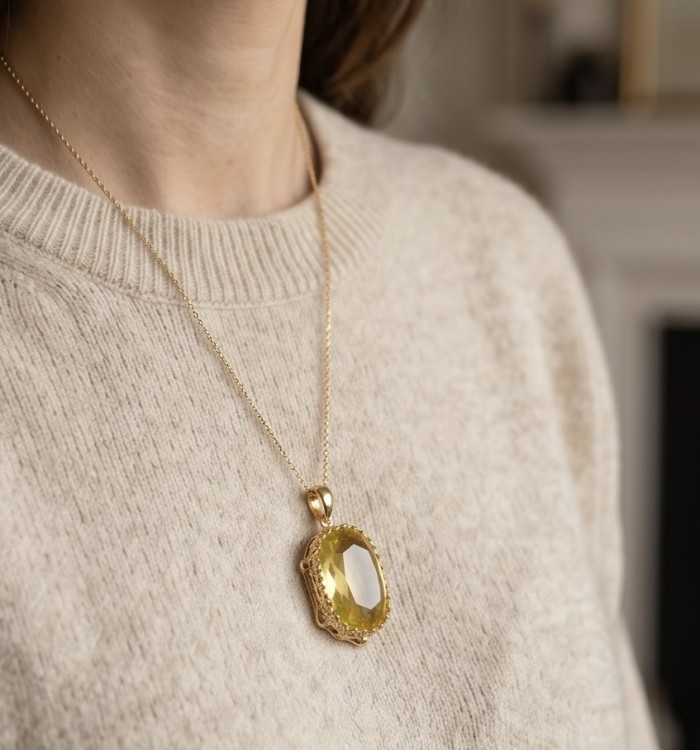 Baquette cut 10.3 carat Lemon Quartz 18K Gold over .925 Sterling Silver handcrafted pendant - Lemon quartz pendant in 18K gold, worn on chest.