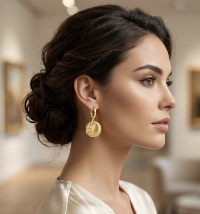Dubai Style - Golden SPHERES .925 Sterling Silver dipped in 22K Gold handmade Large Earrings - Side view of gold-plated earrings worn on woman.