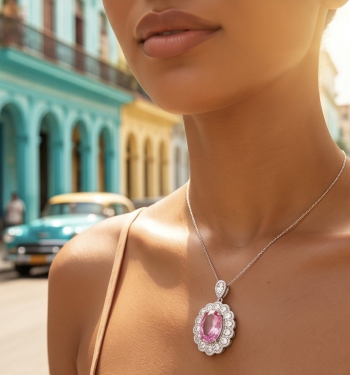 Beatriz Incredible oval cut 20.4 carat Pink Sapphire .925 Sterling Silver handcrafted pendant - Pink sapphire pendant necklace worn on model, vintage car background.