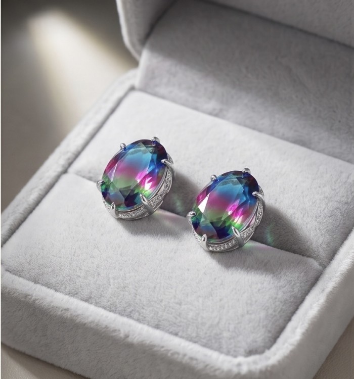Luxurious authentic 11.2 carat Brazilian Tourmaline .925 Sterling Silver handcrafted earrings - Close-up of 11.2 carat Brazilian Tourmaline earrings in a jewelry box.