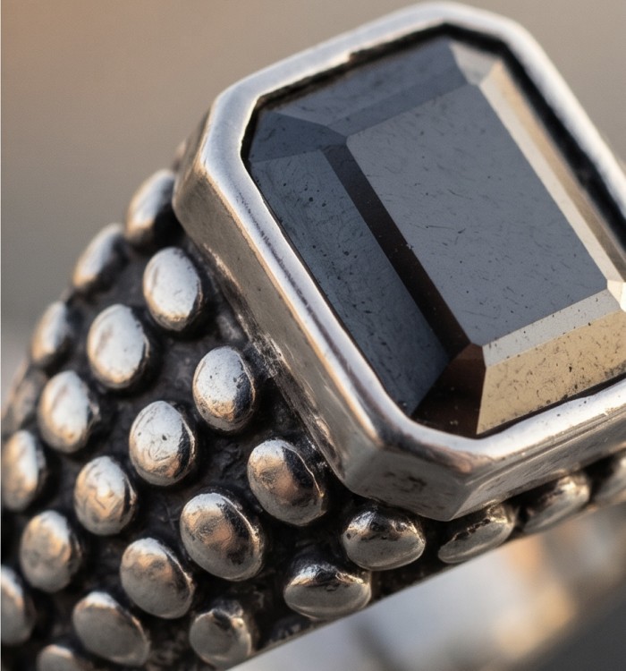 The King- Huge 12.5 carat Black Onyx .925 Sterling Silver handcrafted ring; s. 12 - Close-up of black onyx ring with textured sterling silver band.