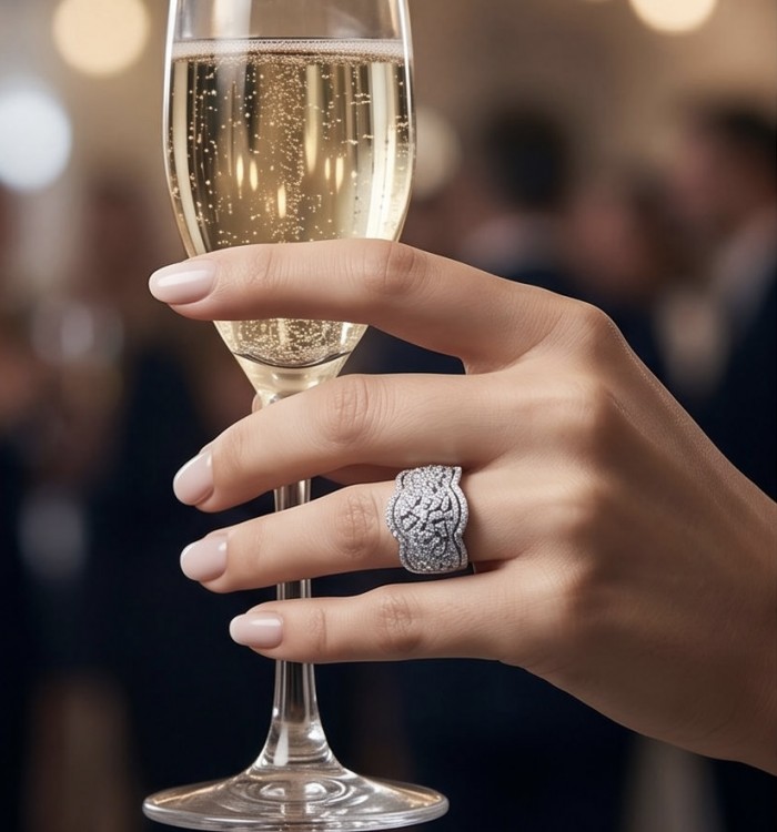 Romantica Precious Natural 2.2 carat White Topaz .925 Sterling Silver ring size 9 - Ring worn on hand holding champagne, showcasing intricate design.