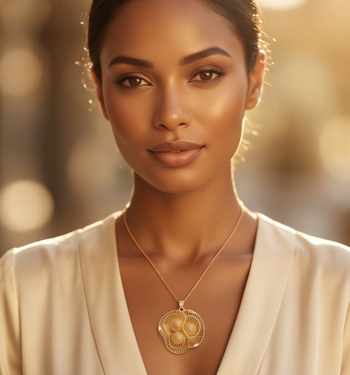 Dubai Style - Golden Rose .925 Sterling Silver dipped in 22K Gold handmade Pendant - Model wearing Dubai Style - Golden Rose pendant, front view in soft light.